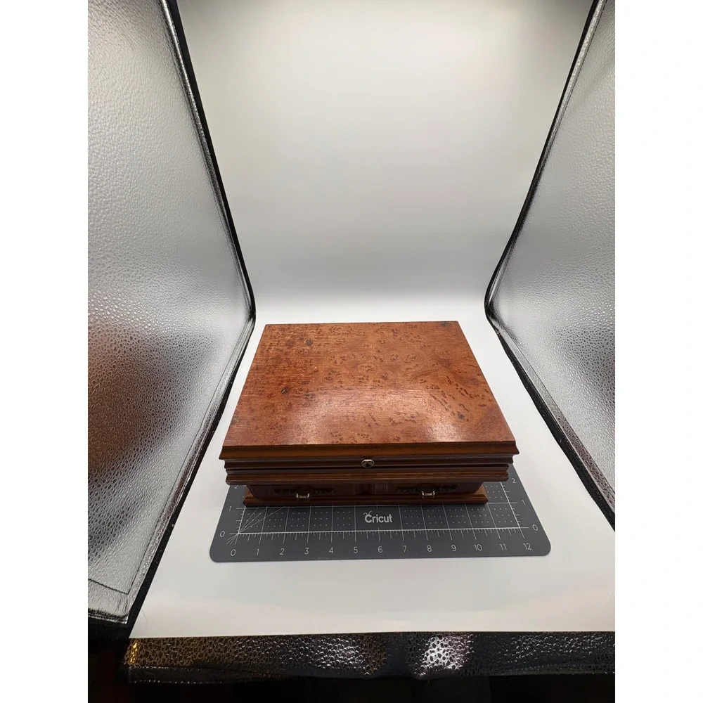 Vintage Wooden Jewelry Box Burl Wood Lid Mirror Swing Tray Drawer Organizer